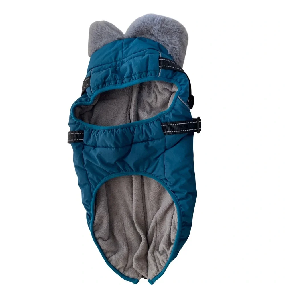 Queenmore Large Fleece Dog Coat Winter Harness 2 In 1 Teal Fleece Lined Puffer